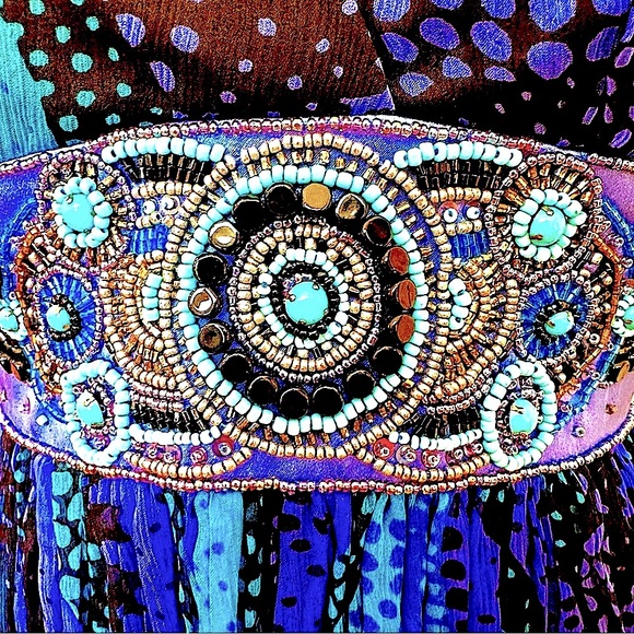 Y2K Laundry Dress Silk in Turquoise Blue Black Intricate Beadwork /Sequined - Picture 2 of 5